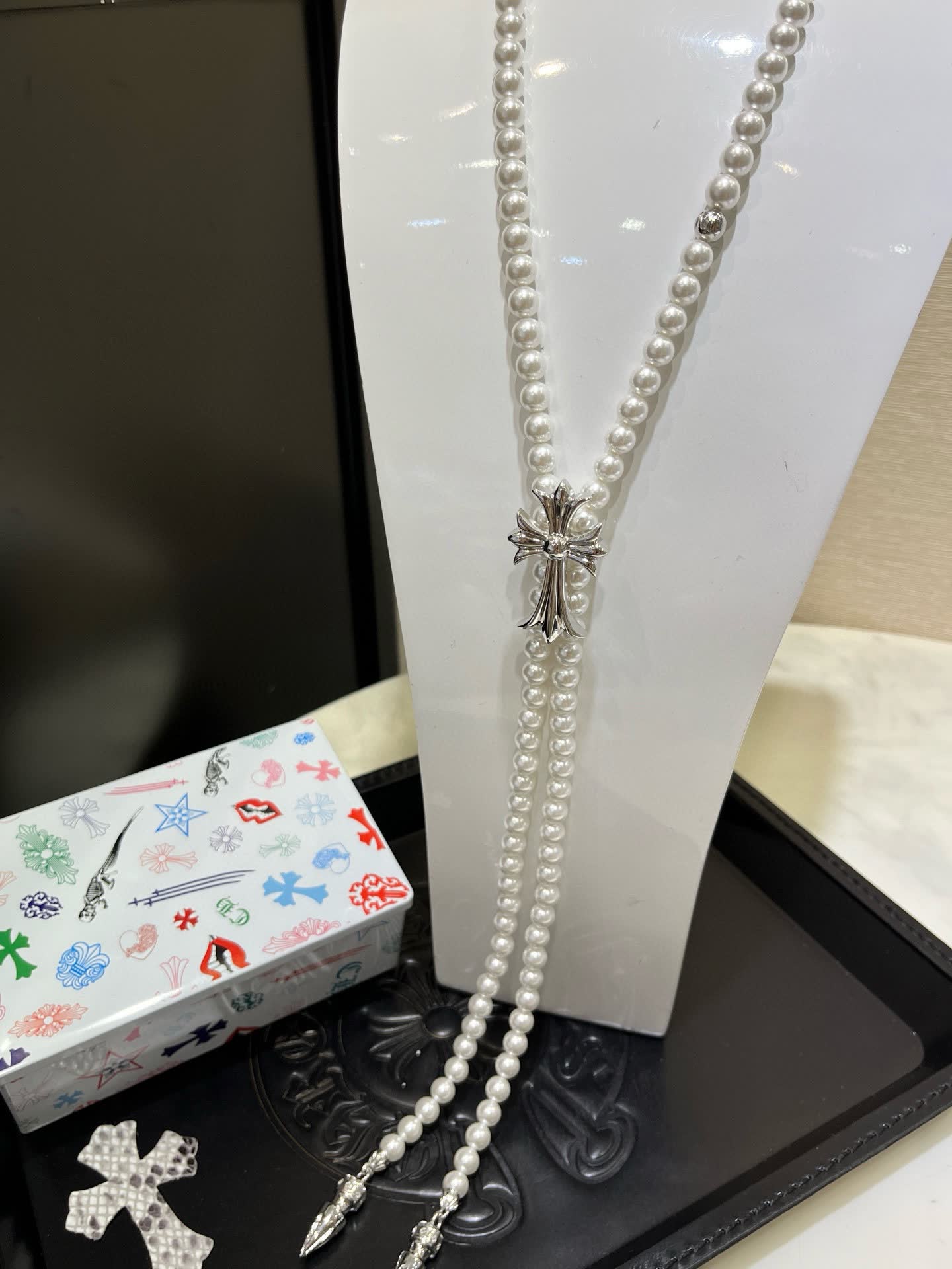 Chrome Hearts Black Velvet Corset with Pearl Necklace